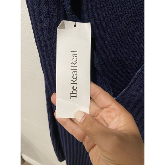 St. John Marie Gray Ribbed Knit Dress Navy Blue Knit Dress Size 6 - Picture 7 of 7